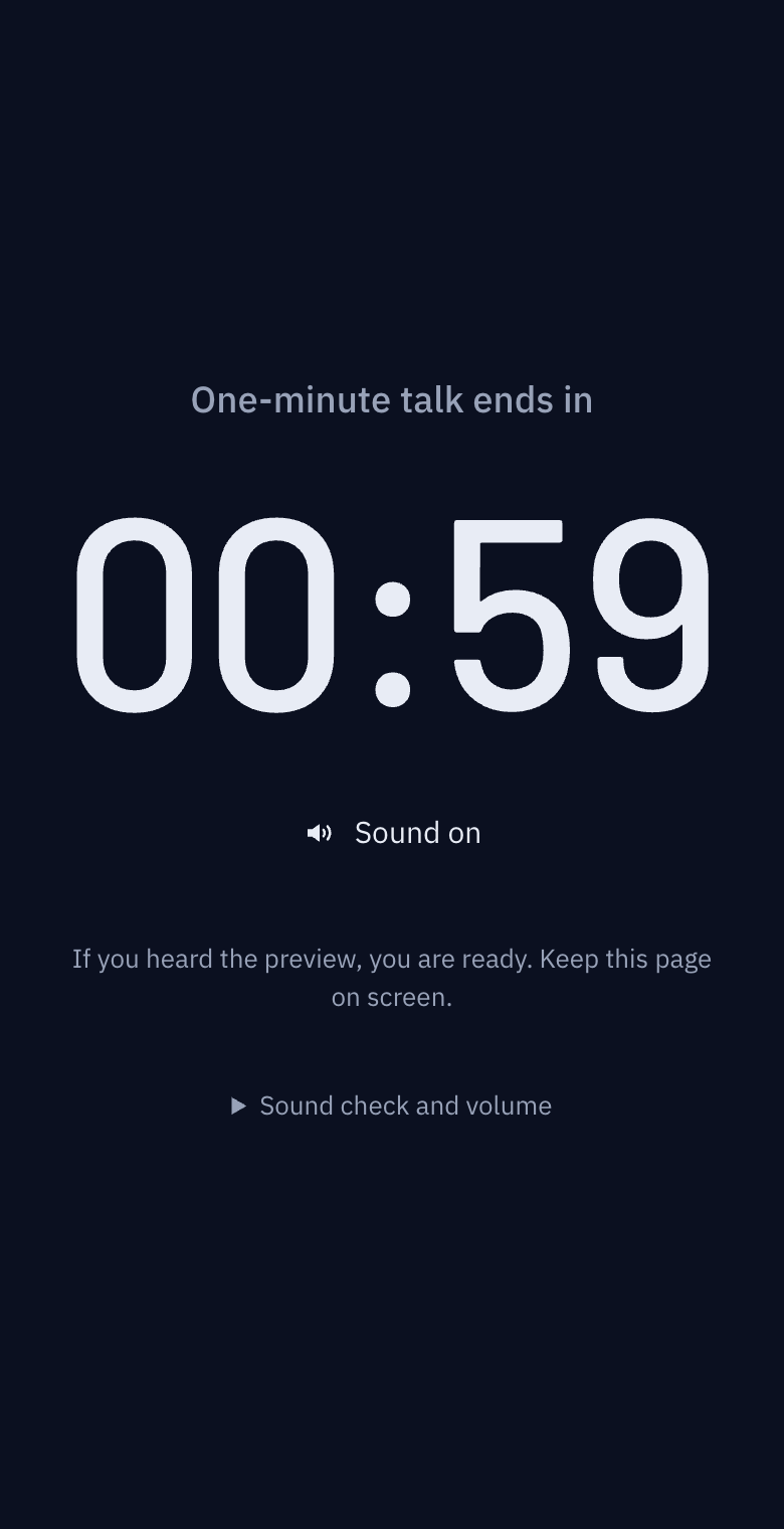 The host places the material and timer side by side. Participants follow the same time in a separate window or on a tablet.